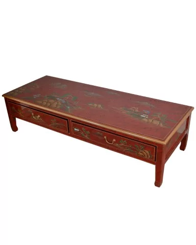 Table de salon chinoise rectangulaire rouge foncé motif paysages