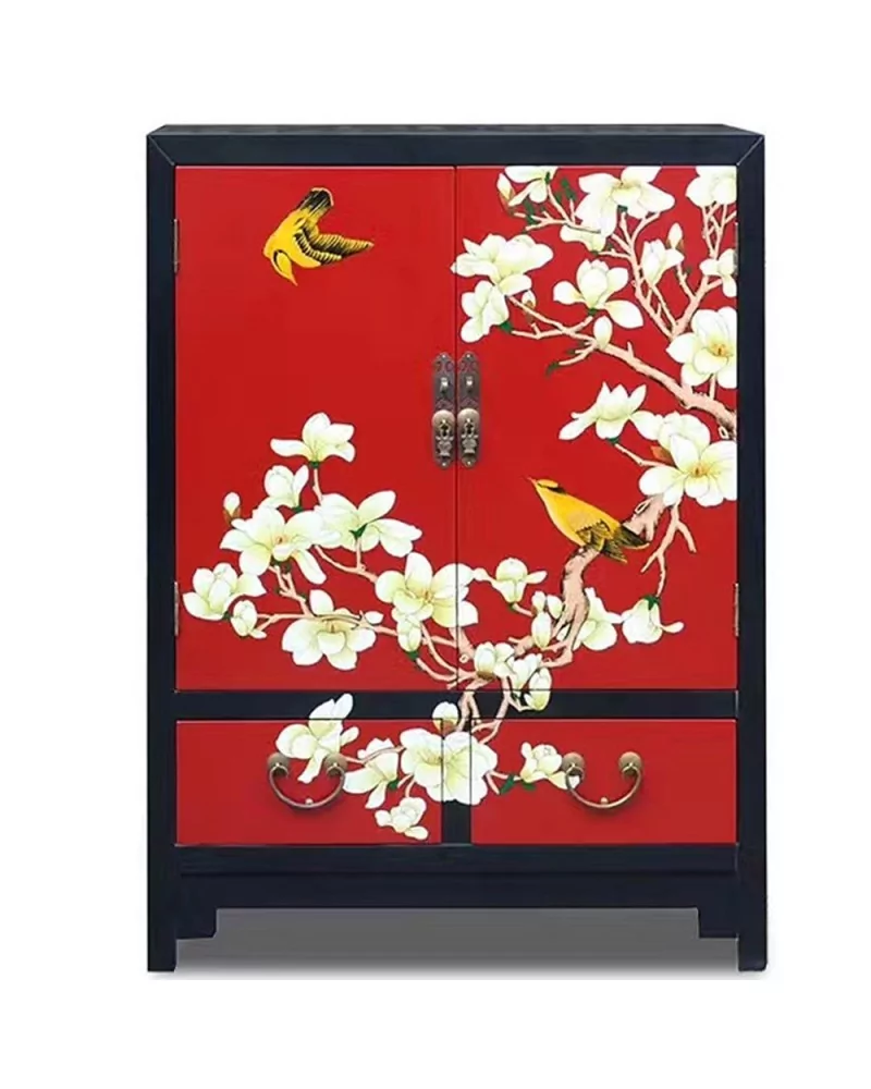 Armoire chinoise laquée 2 portes 2 tiroirs rouge H100cm