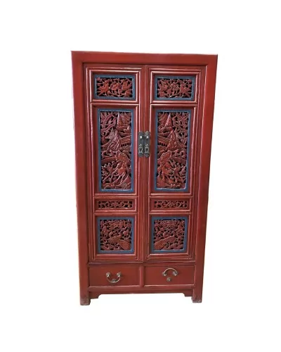 Armoire chinoise rouge portes sculptées