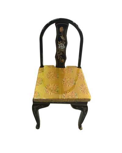 Chaise chinoise laque noire motifs fleurs et oiseaux