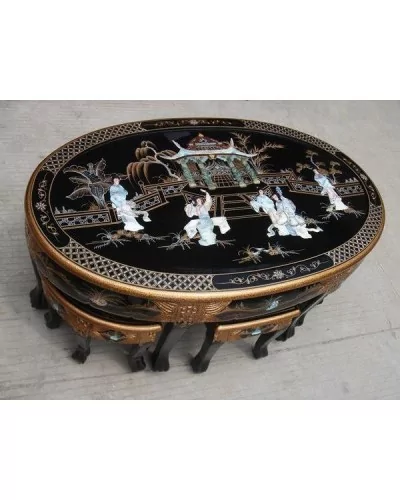 Table de salon laquée et 6 tabourets - meubles chinois laqués