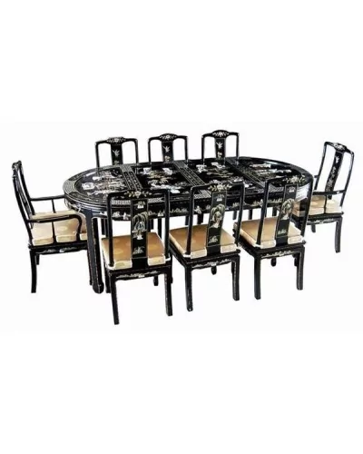 Table salle à manger chinoise laquée avec chaises et fauteuils - meubles chinois laqués